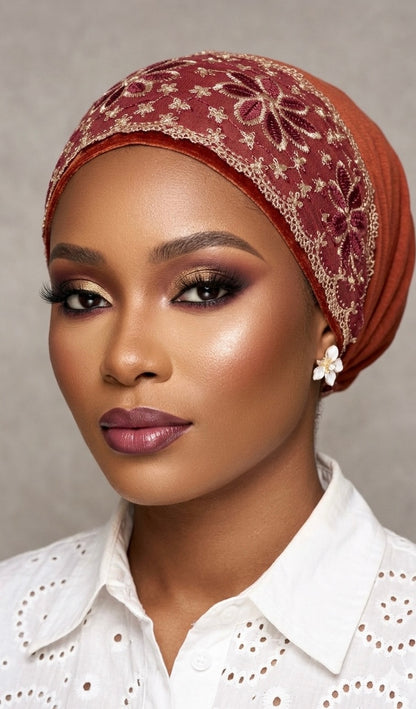 Embroidered Burnt Orange Turban