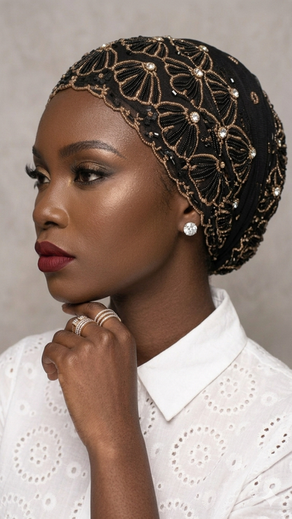 Black and Gold Lace Turban