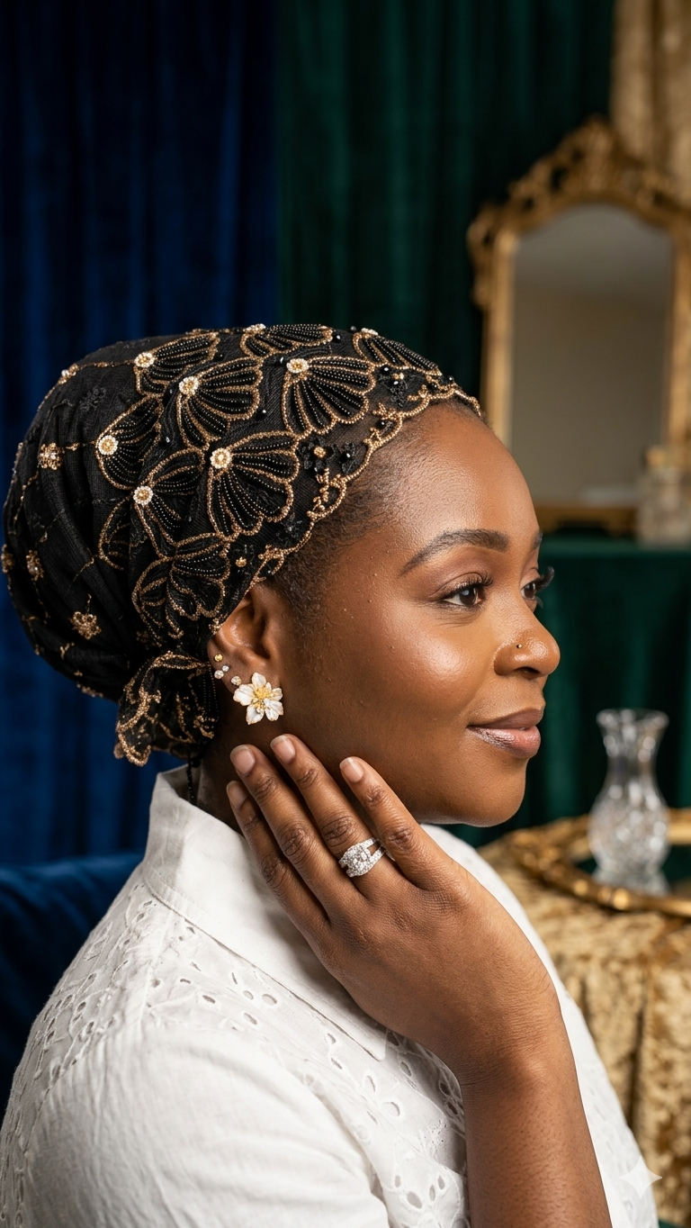 Black and Gold Lace Turban
