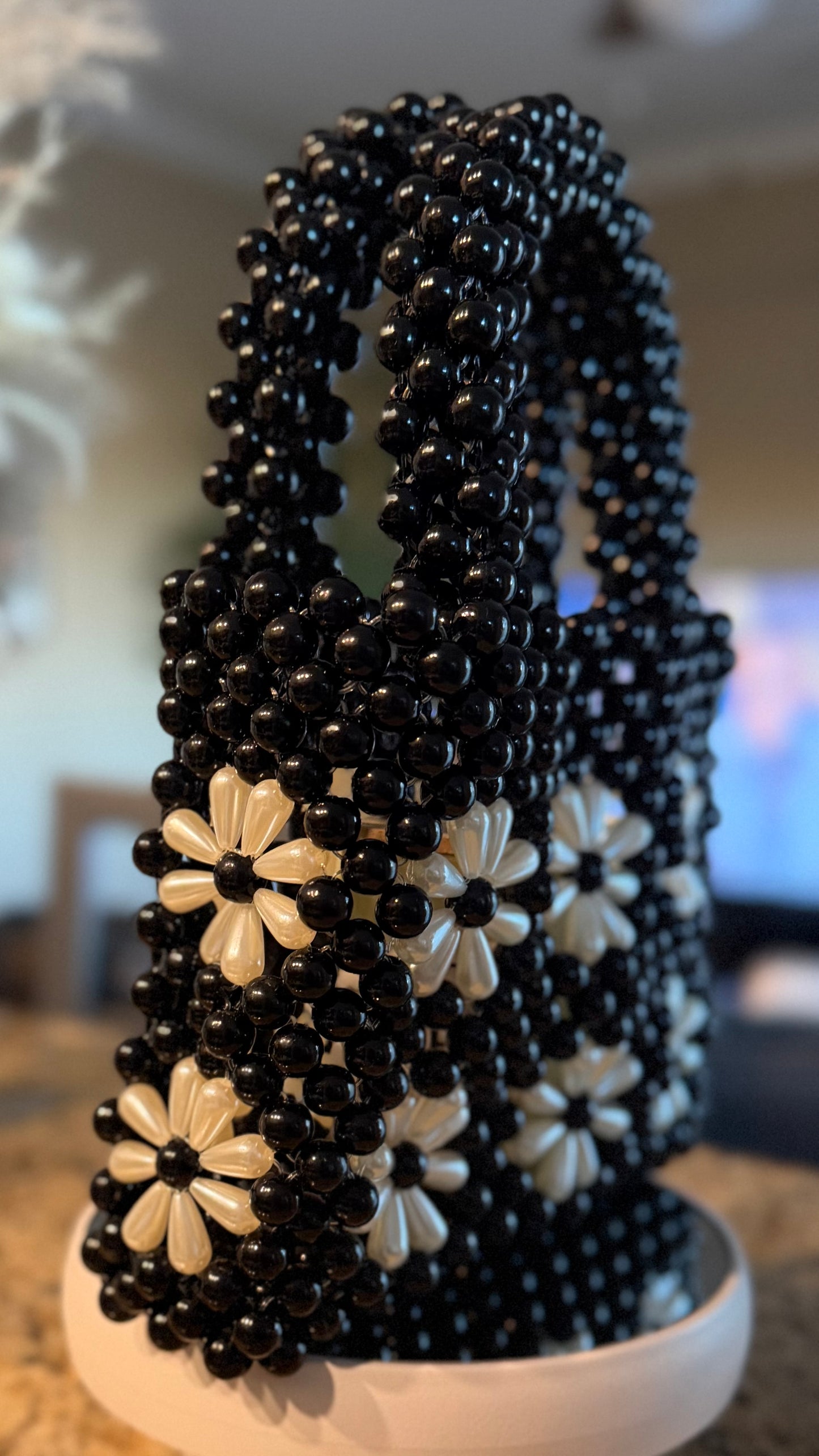 Black Beaded Daisy Handbag