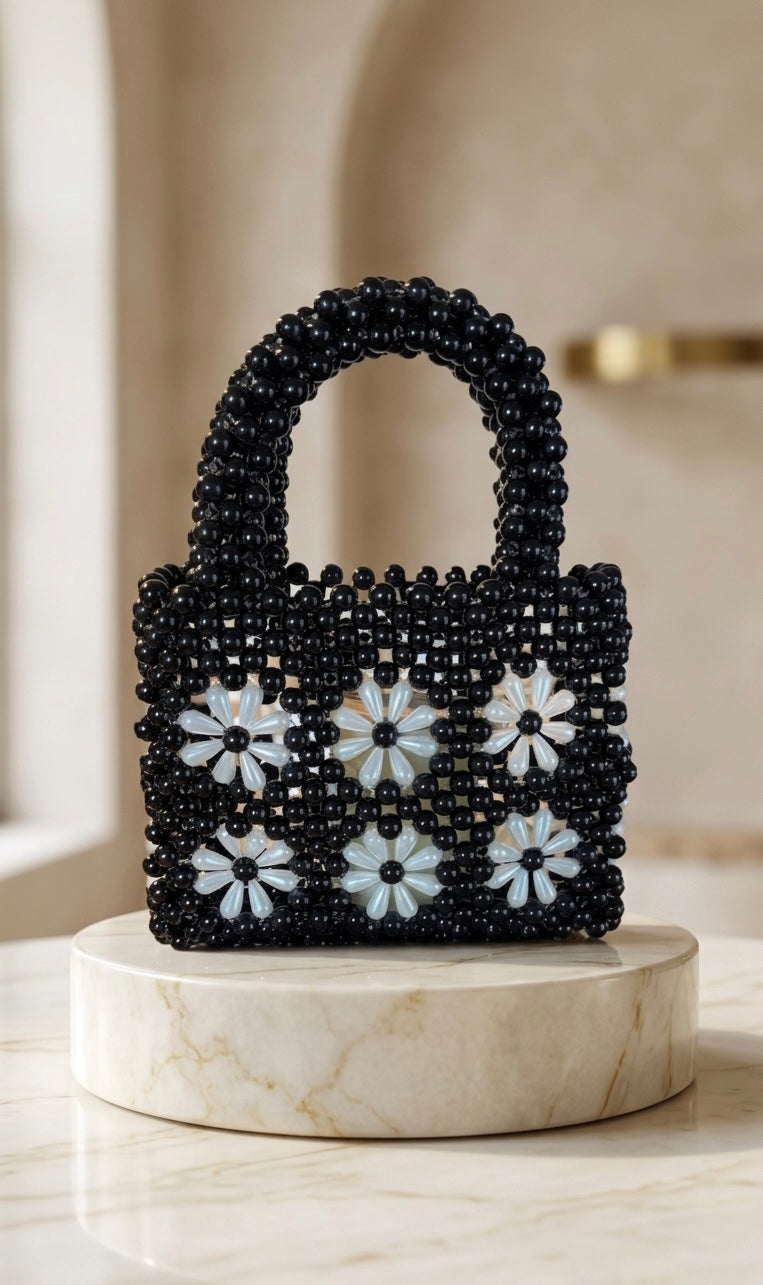 Black Beaded Daisy Handbag