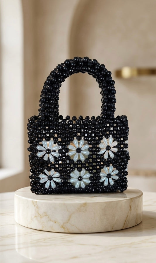 Black Beaded Daisy Handbag