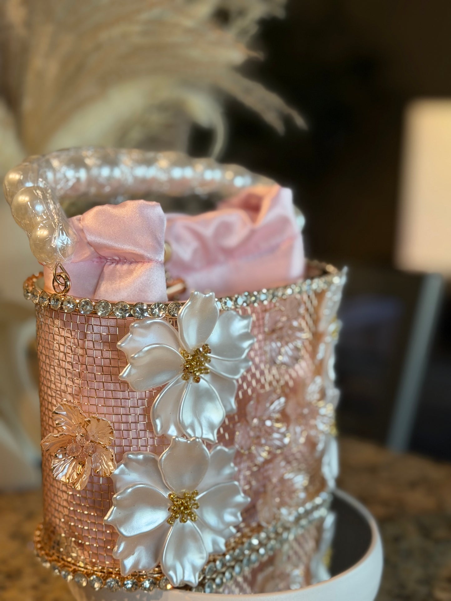 Pink Floral Pearl Bucket Bag