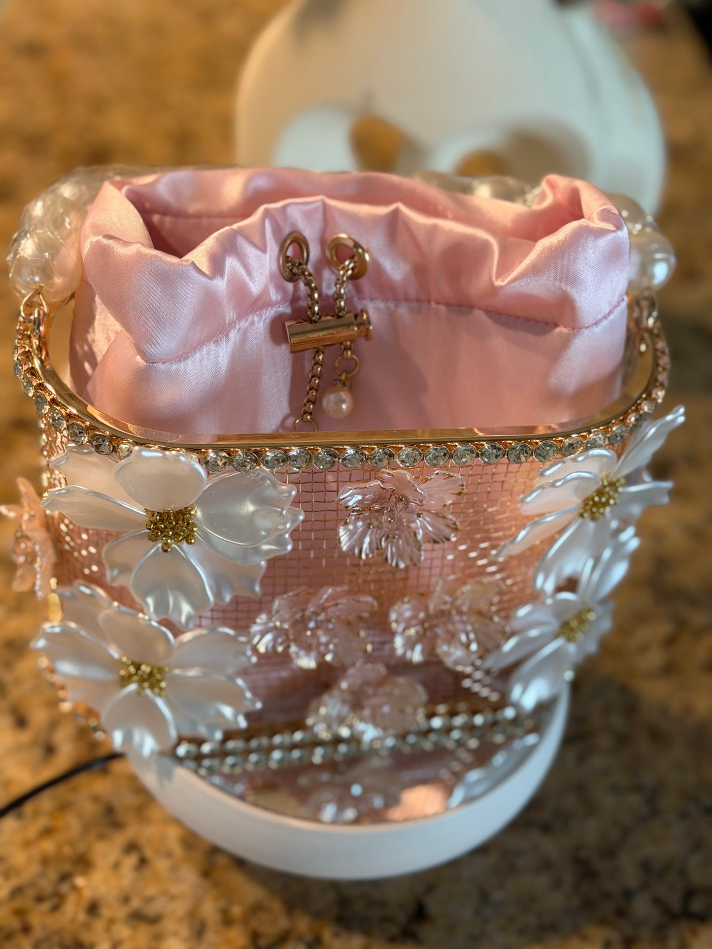 Pink Floral Pearl Bucket Bag