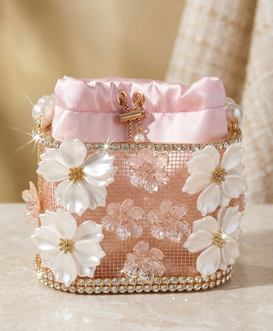 Pink Floral Pearl Bucket Bag