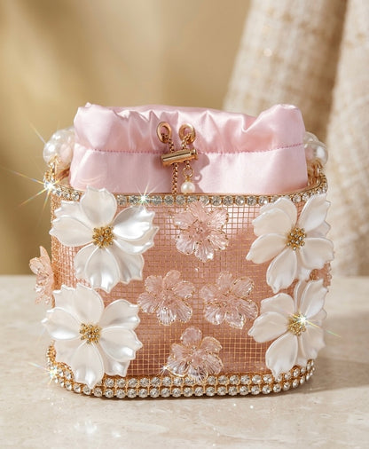Pink Floral Pearl Bucket Bag