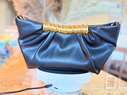 Black Leather Gathered Clutch with Gold Accent