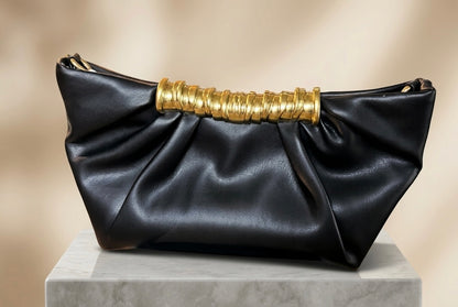 Black Leather Gathered Clutch with Gold Accent