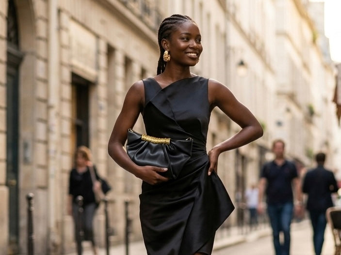 Black Leather Gathered Clutch with Gold Accent