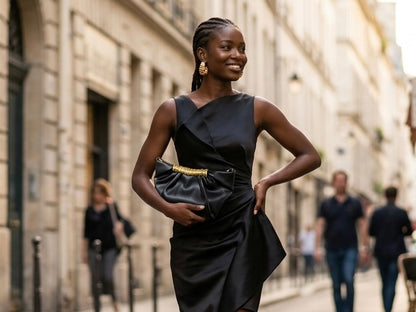 Black Leather Gathered Clutch with Gold Accent