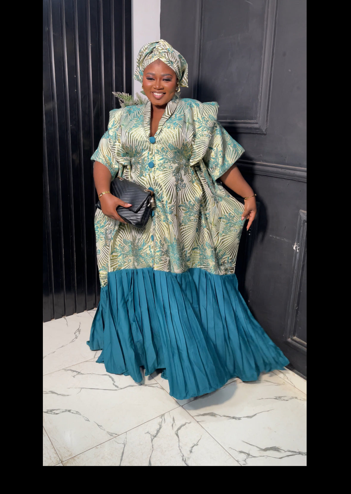 African luxury green & gold damask with pleats