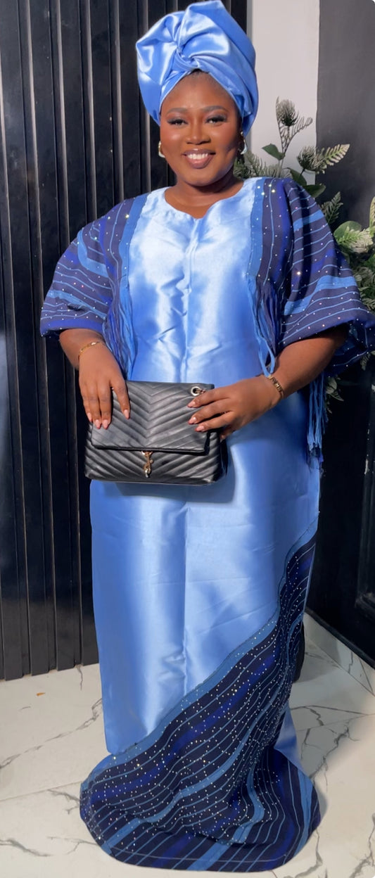 African luxury stoned blue micado with ofi | Free size bubu party dress