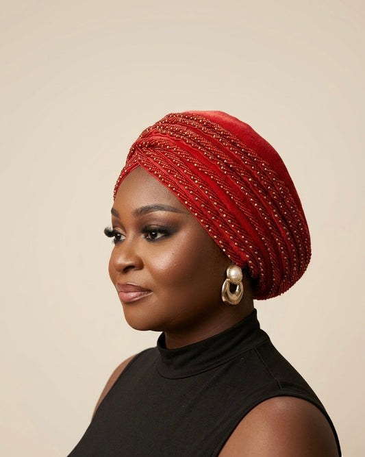The Beaded Scarlet Statement Headwrap/Turban