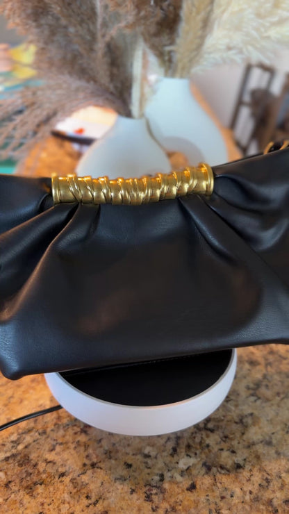 Black Leather Gathered Clutch with Gold Accent