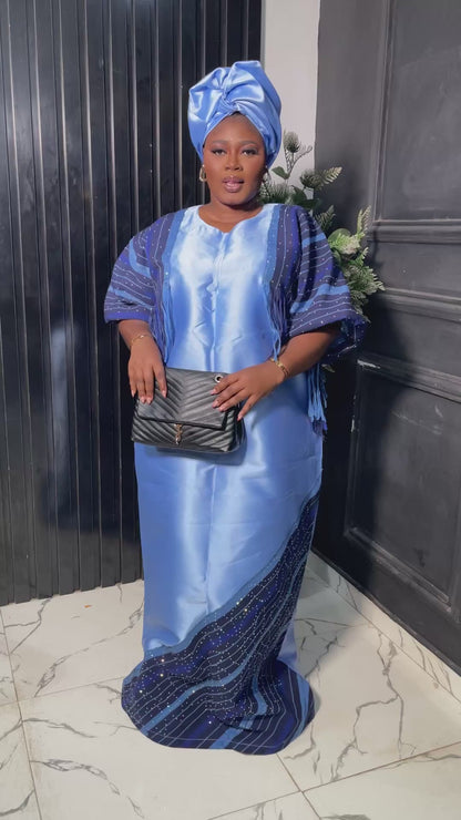 African luxury stoned blue micado with ofi | Free size bubu party dress
