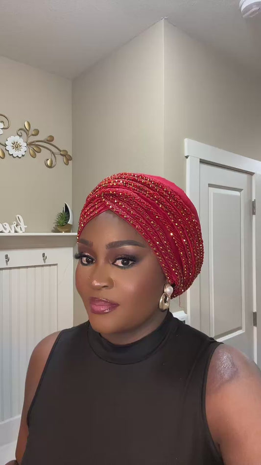 The Beaded Scarlet Statement Headwrap/Turban