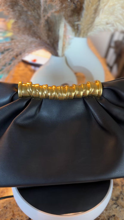 Black Leather Gathered Clutch with Gold Accent
