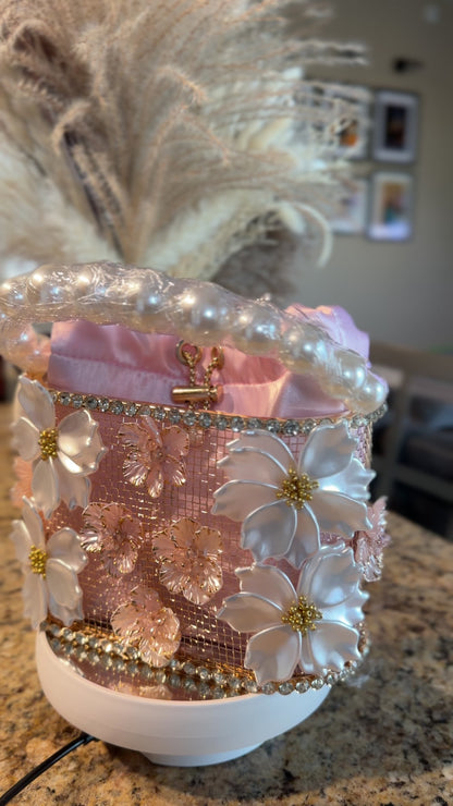 Pink Floral Pearl Bucket Bag