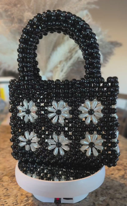 Black Beaded Daisy Handbag